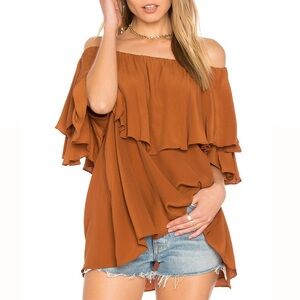 MLM Label x Revolve Maison Off the Shoulder Tiered Ruffle Top in Dune - Medium
